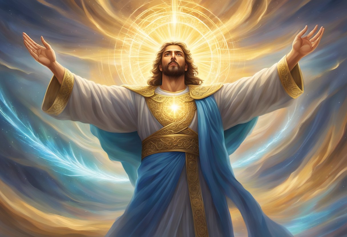 A radiant, celestial figure stands with outstretched arms, surrounded by swirling energy and light, ready to engage in spiritual warfare through prayer