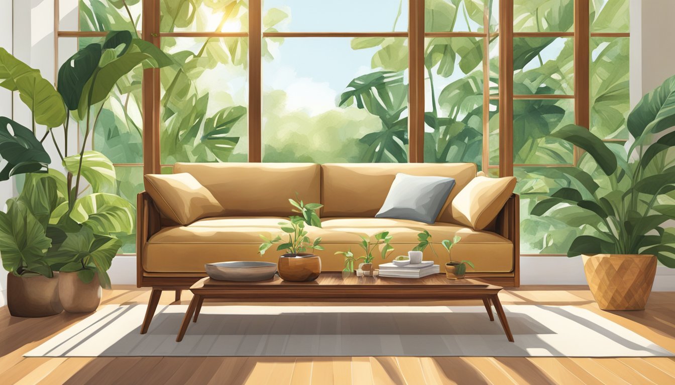 A teak sofa sits in a sunlit room, surrounded by lush green plants. Its warm, honey-colored wood exudes a sense of timeless elegance and comfort