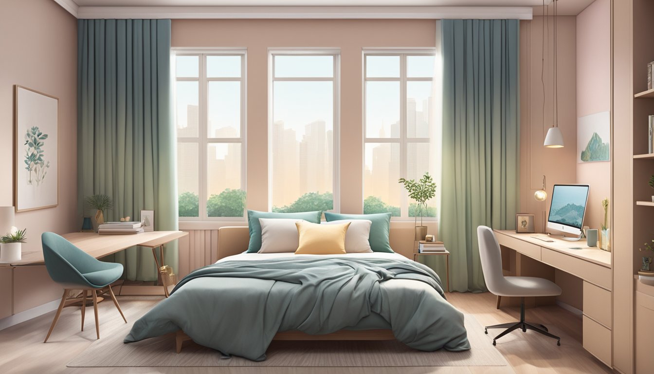 A cozy HDB bedroom with a queen-sized bed, soft pastel walls, a sleek study desk, and a large window with flowing curtains
