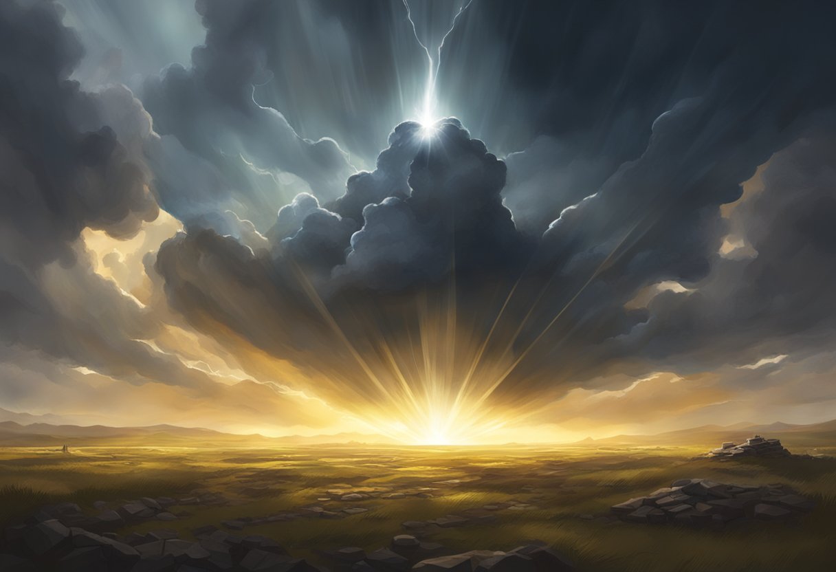 A powerful, radiant light emanates from above, breaking through dark clouds. The light shines down on a battlefield, illuminating the ground and casting shadows of weapons and armor