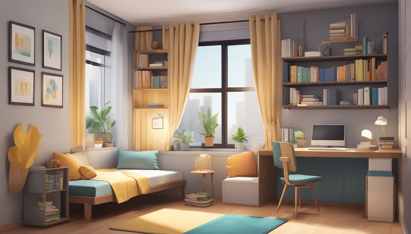 A cozy HDB bedroom with a single bed, desk, and chair. A window lets in natural light, while a bookshelf and wardrobe offer storage