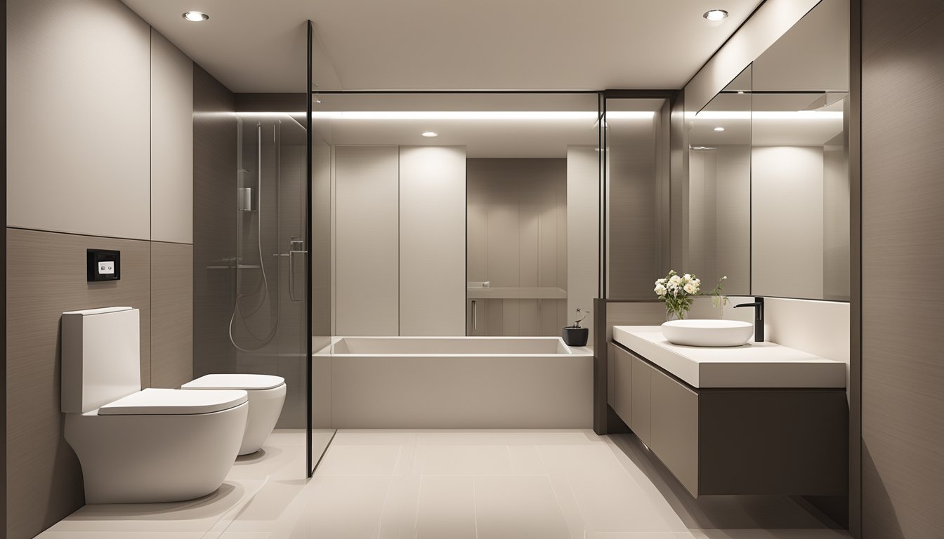 A modern 4-room HDB toilet with sleek fixtures and a spacious layout. Clean lines and neutral colors create a minimalist yet inviting ambiance