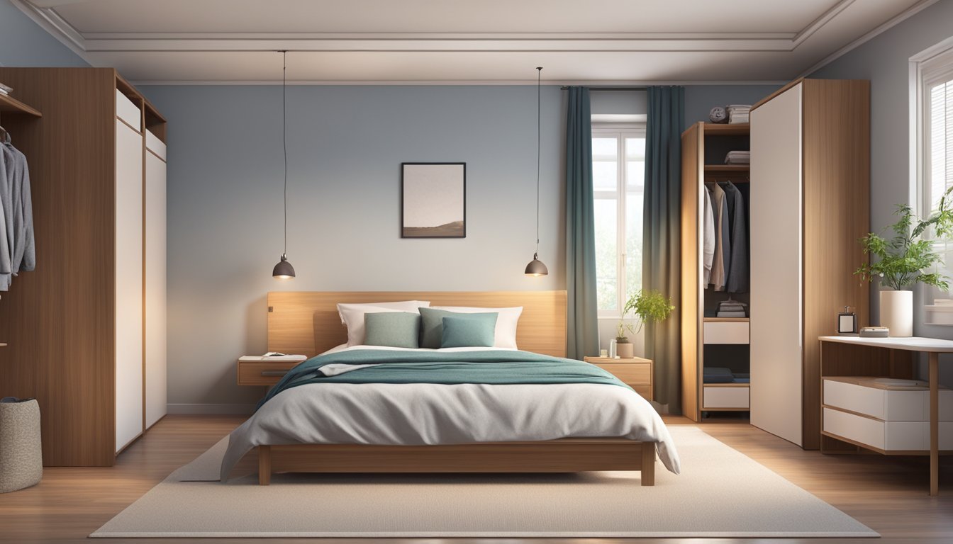 A cozy bedroom with a neatly made bed, a bedside table with a lamp, and a built-in wardrobe with open doors