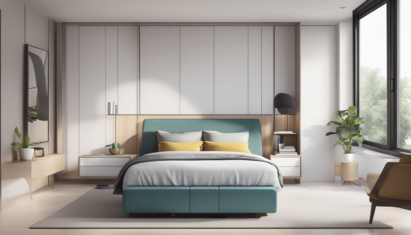 A sleek, modern storage bed in a bright, minimalist bedroom with clean lines and a clutter-free environment