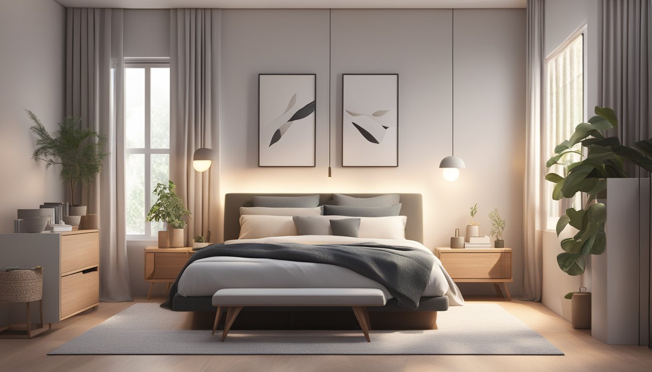 A cozy bedroom with a modern storage bed, neatly organized with pillows and blankets. A serene atmosphere with soft lighting and minimalist decor