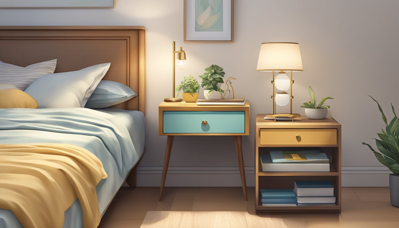 A bedside table with two drawers, a lamp, and a book