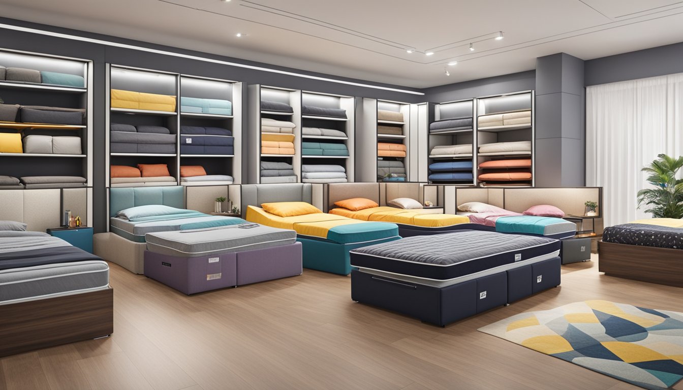 A spacious showroom displays a variety of high-quality storage beds in Singapore, with colorful price tags highlighting the best deals