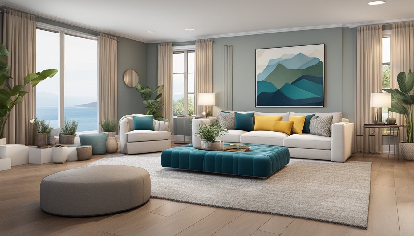 A spacious living room with a sleek, modern queen size sofa bed as the focal point. The sofa bed is adorned with plush pillows and a cozy throw blanket, creating a welcoming and comfortable atmosphere