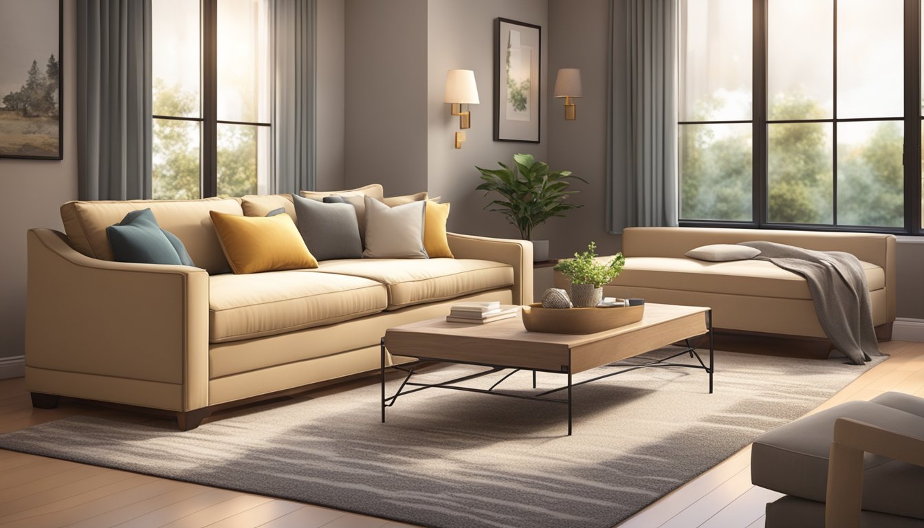 A queen size sofa bed with a sleek design and comfortable cushions, surrounded by a cozy living room setting with warm lighting and decorative pillows