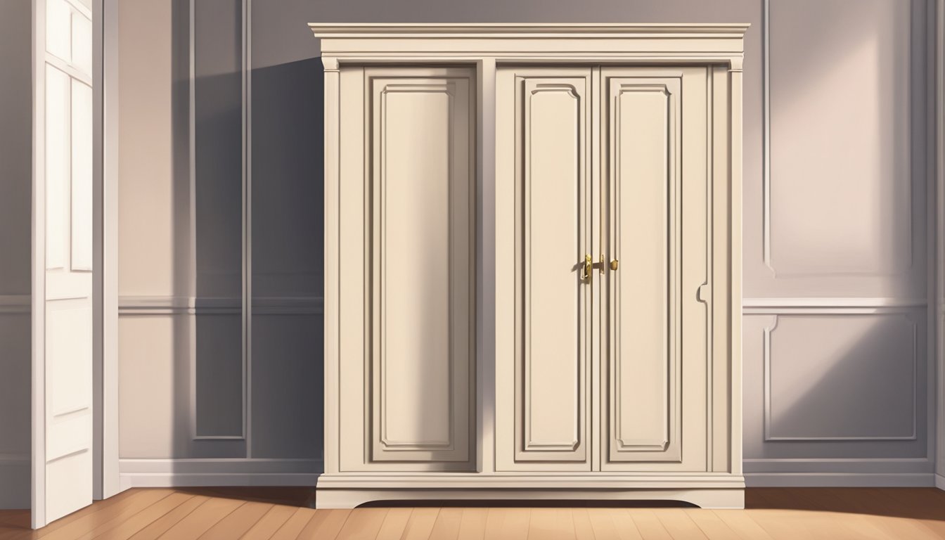 A single door wardrobe stands against a plain wall, its handle gleaming in the soft light, casting a shadow on the floor