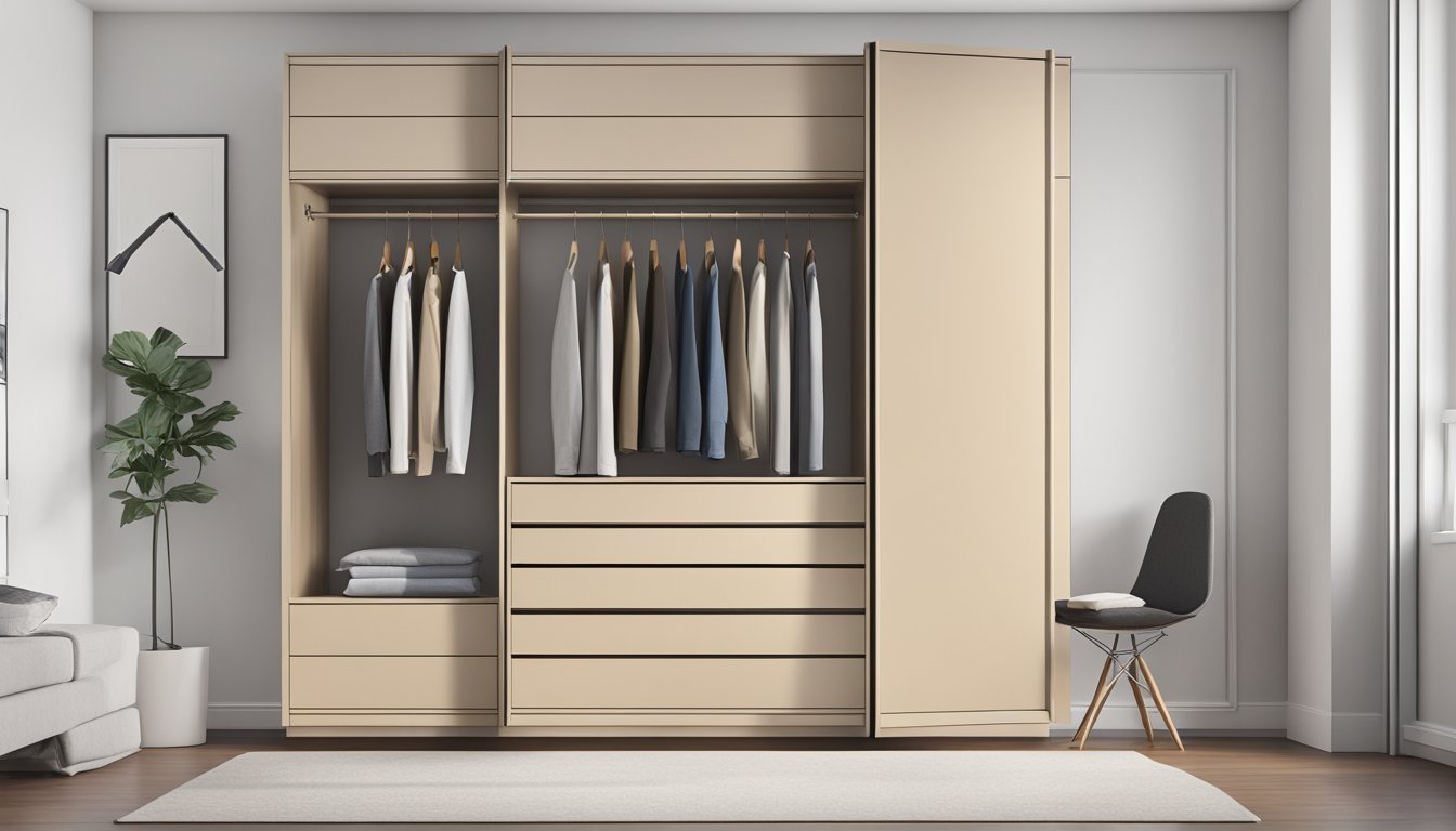 A sleek, modern single door wardrobe stands against a clean, minimalist backdrop, showcasing its elegant design and style