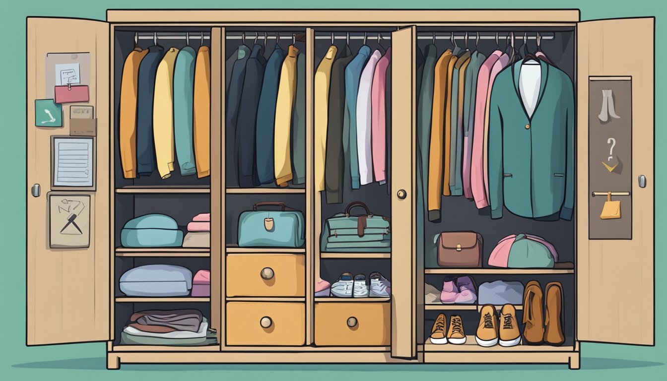 A single door wardrobe with a "Frequently Asked Questions" sign on the front, surrounded by various clothing items neatly organized inside