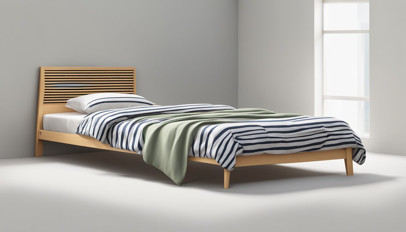 A twin bed, measuring 99 cm by 191 cm, sits against a white wall with a simple wooden frame and a neatly made bed with a striped comforter