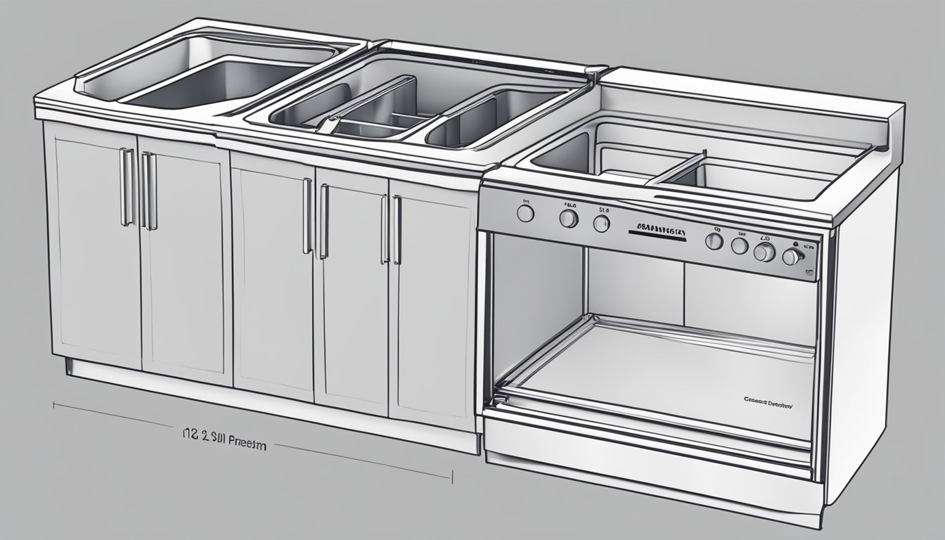 Different dishwasher sizes lined up for installation, with measurements and integration considerations noted