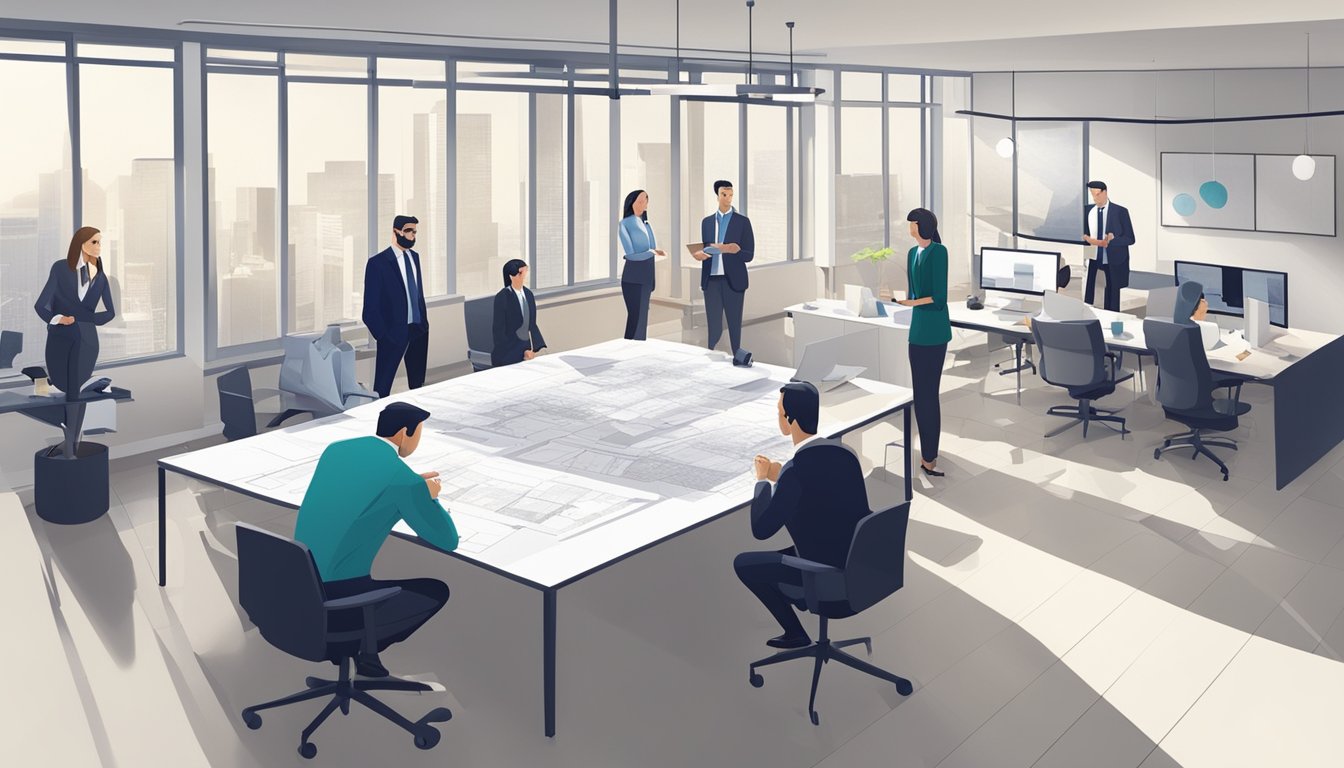 A group of professionals discussing renovation plans in a modern office setting with blueprints and design samples spread out on a table