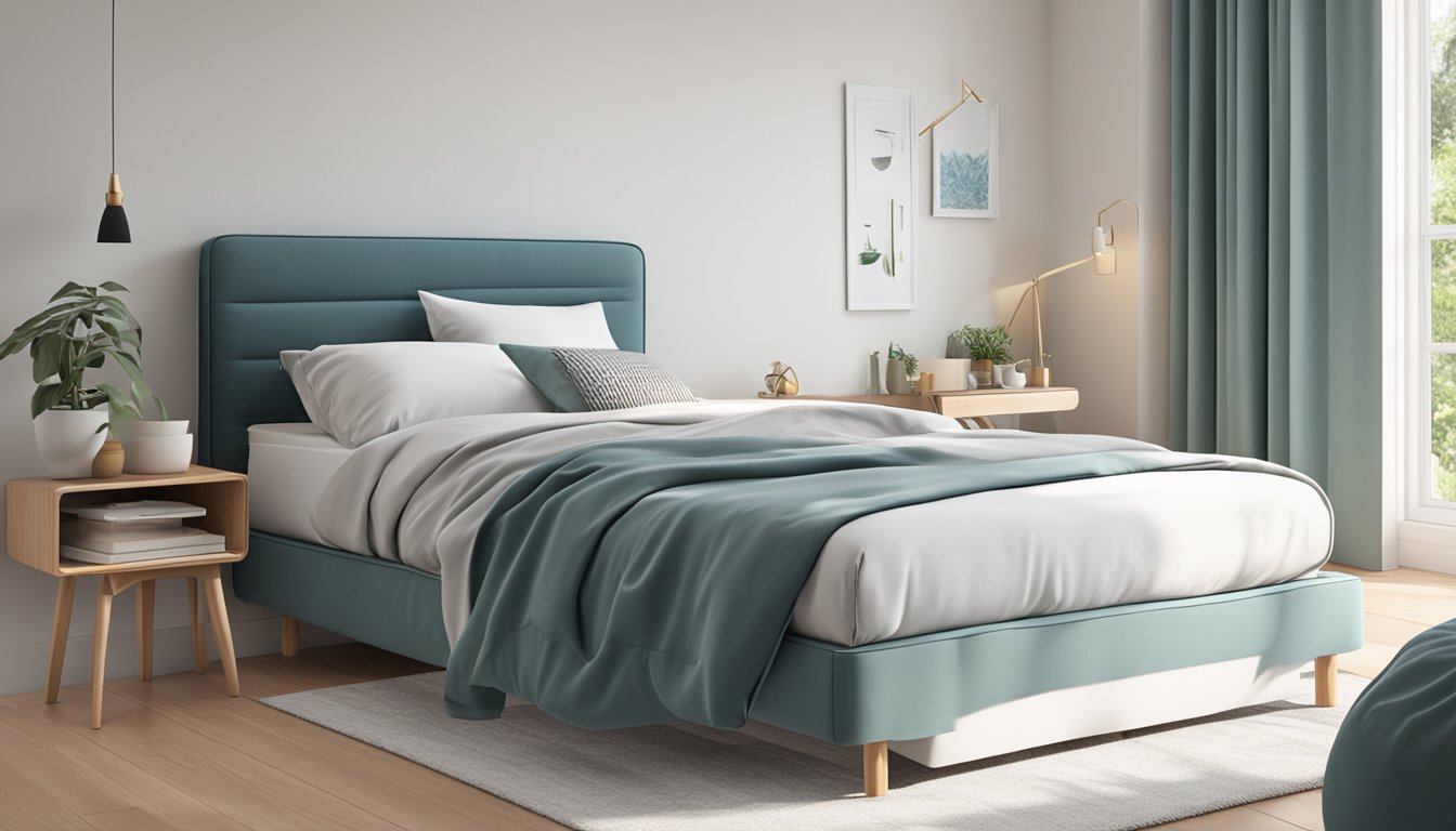 A twin bed, measuring 99 cm in width and 190.5 cm in length, sits against a white wall in a cozy bedroom