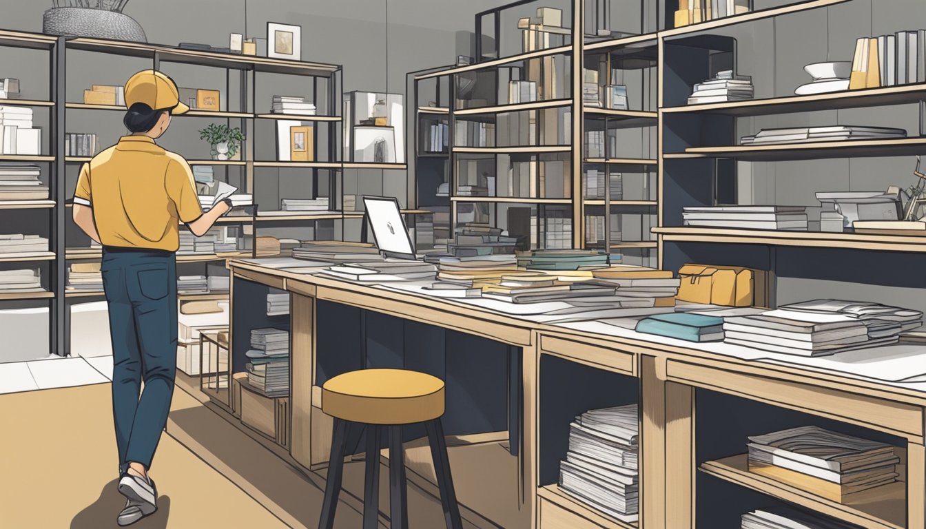 A person is browsing through various study tables with shelves in a Singapore furniture store, carefully examining the design and functionality of each piece