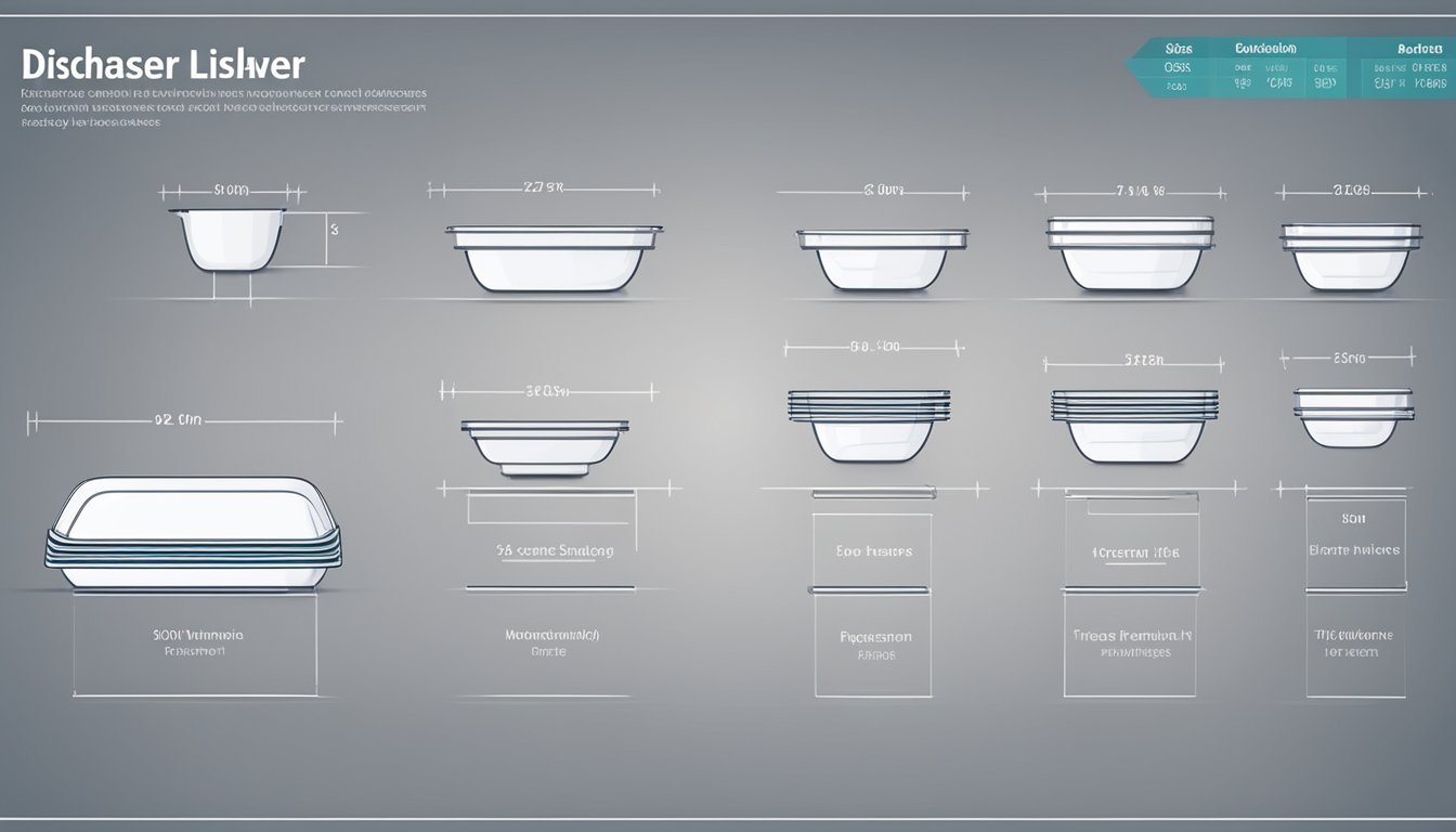 A variety of dishwasher sizes displayed with labels and measurements for easy reference