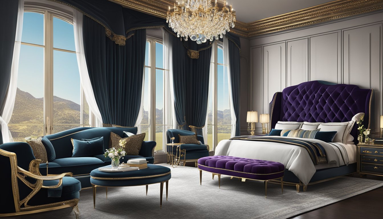 A lavish bedroom with a king-sized bed, plush velvet armchairs, a crystal chandelier, and floor-to-ceiling drapes. Rich, deep colors and opulent textures create a sense of luxury and comfort