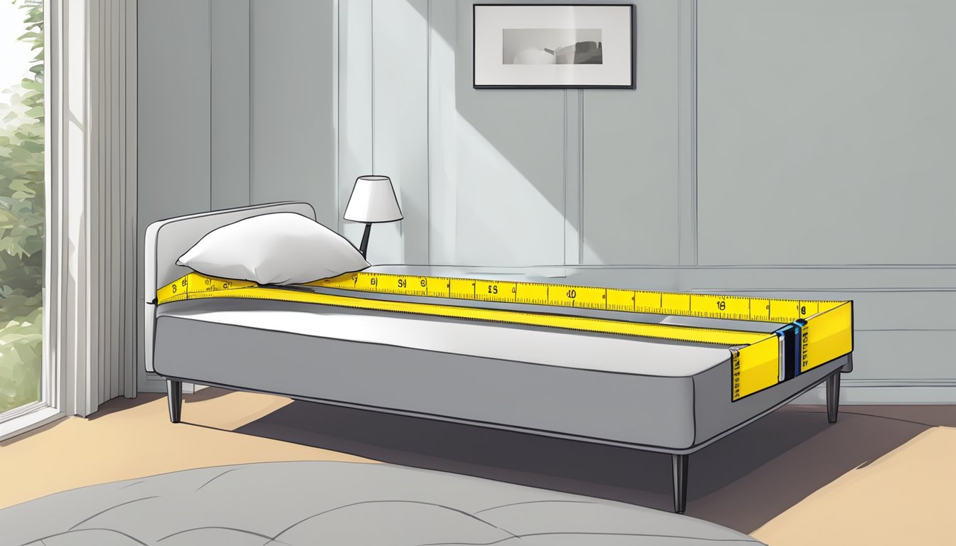 A tape measure stretched across a twin bed, displaying the measurement in centimeters