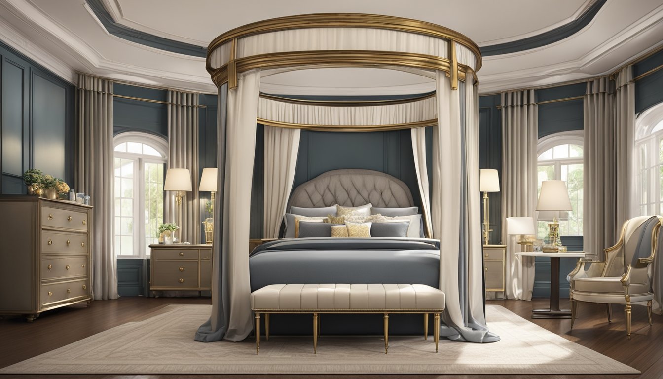 A grand canopy bed sits in the center of a spacious bedroom, adorned with plush bedding and elegant drapes. Ornate furniture and luxurious decor add to the opulent atmosphere