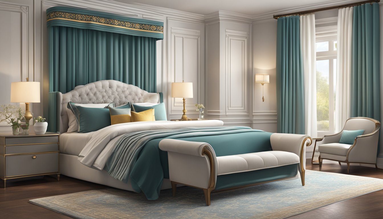 A spacious bedroom with a plush, king-sized bed, elegant drapes, soft lighting, and modern furniture, adorned with luxurious fabrics and ornate decor