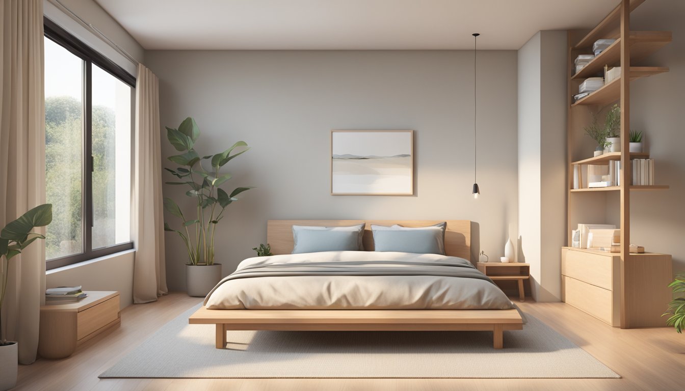 A minimalist Muji style bedroom with neutral colors, low platform bed, simple wooden furniture, and soft natural lighting