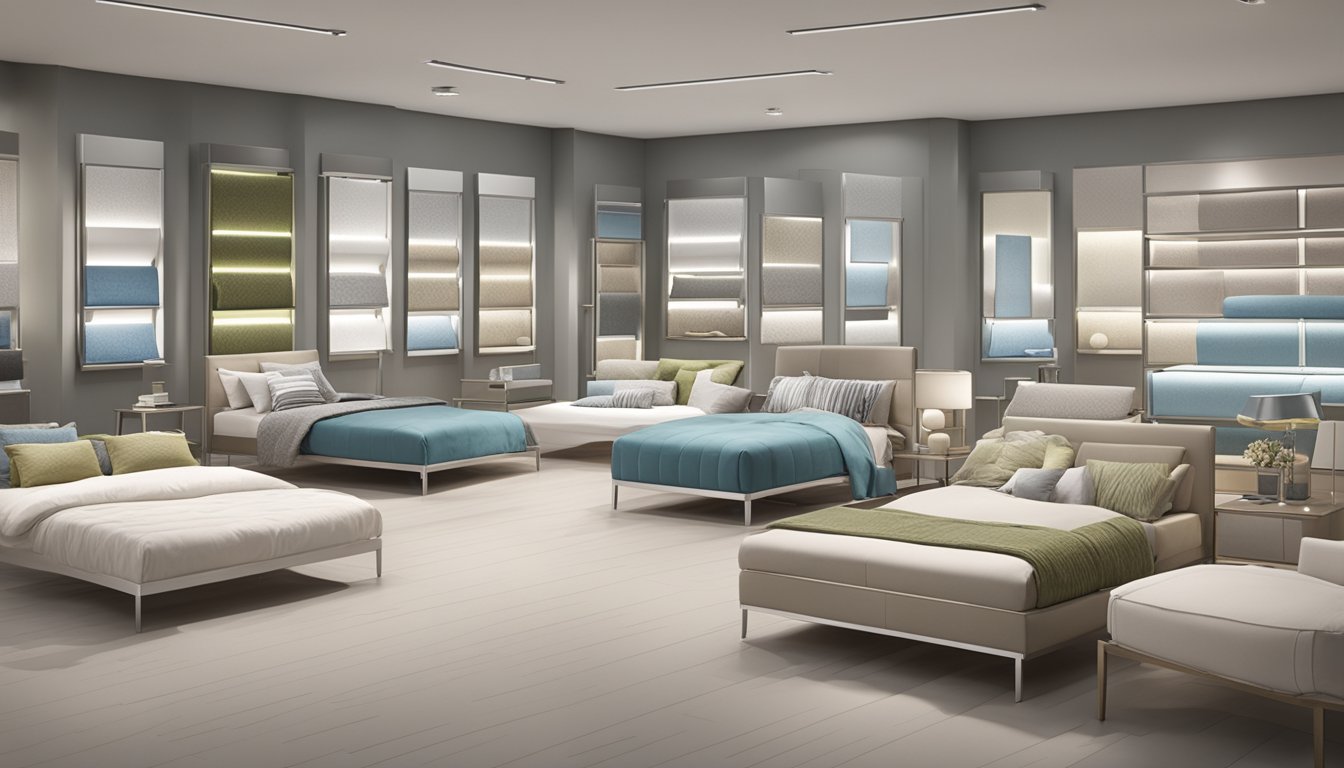 A brightly lit showroom displays an array of stylish bed frames and mattresses in a variety of sizes and designs