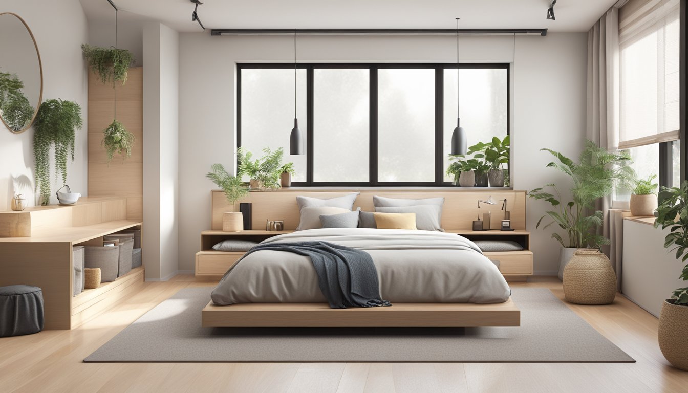 A minimalist bedroom with low platform bed, neutral colors, natural materials, and storage solutions