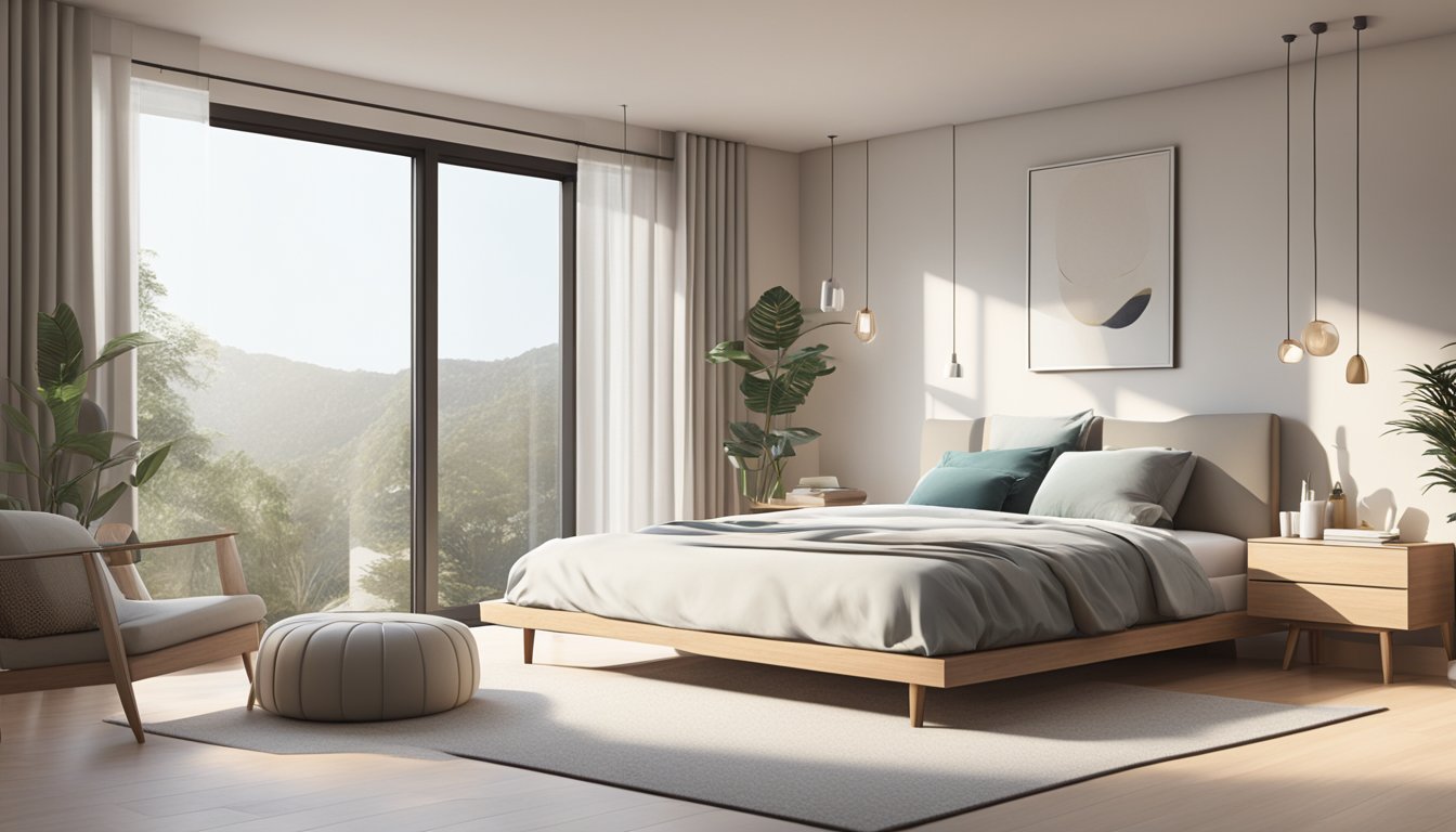 A minimalist bedroom with natural light, neutral colors, and simple furniture, creating a serene and peaceful atmosphere