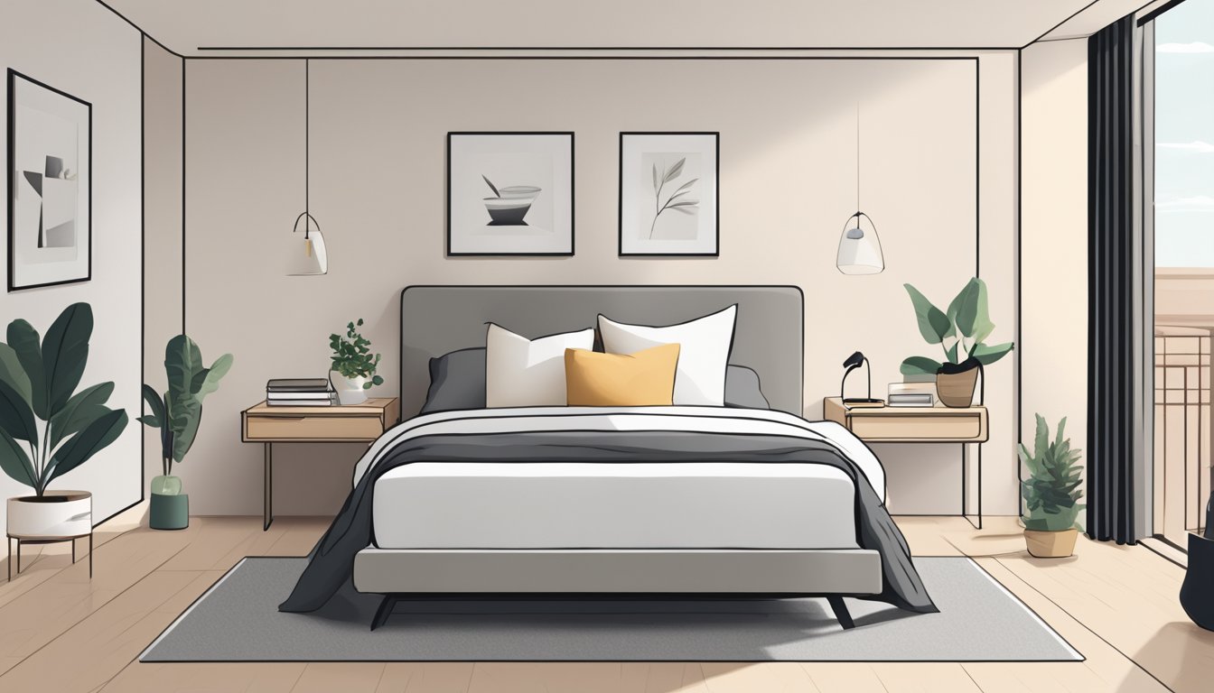 A minimalistic bedroom with neutral colors, natural lighting, and clean lines. A bed with simple bedding, a low-profile nightstand, and a small desk with a few essential items