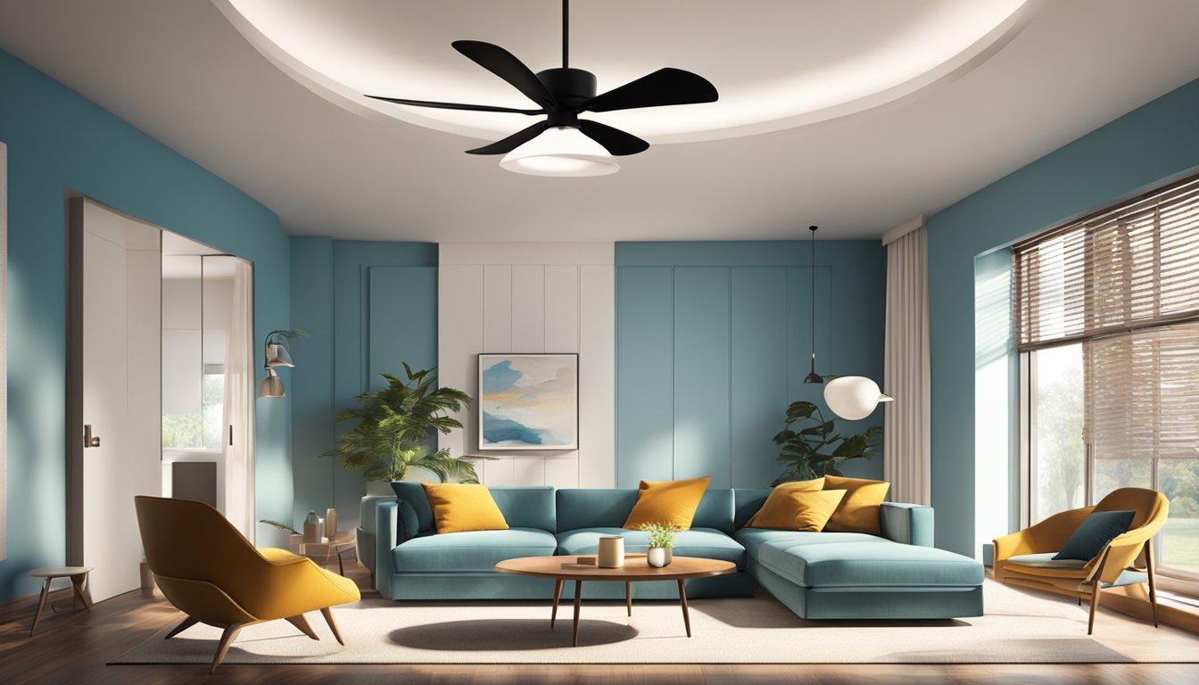 A modern living room with multiple ceiling fans of different brands spinning above, casting shadows on the walls