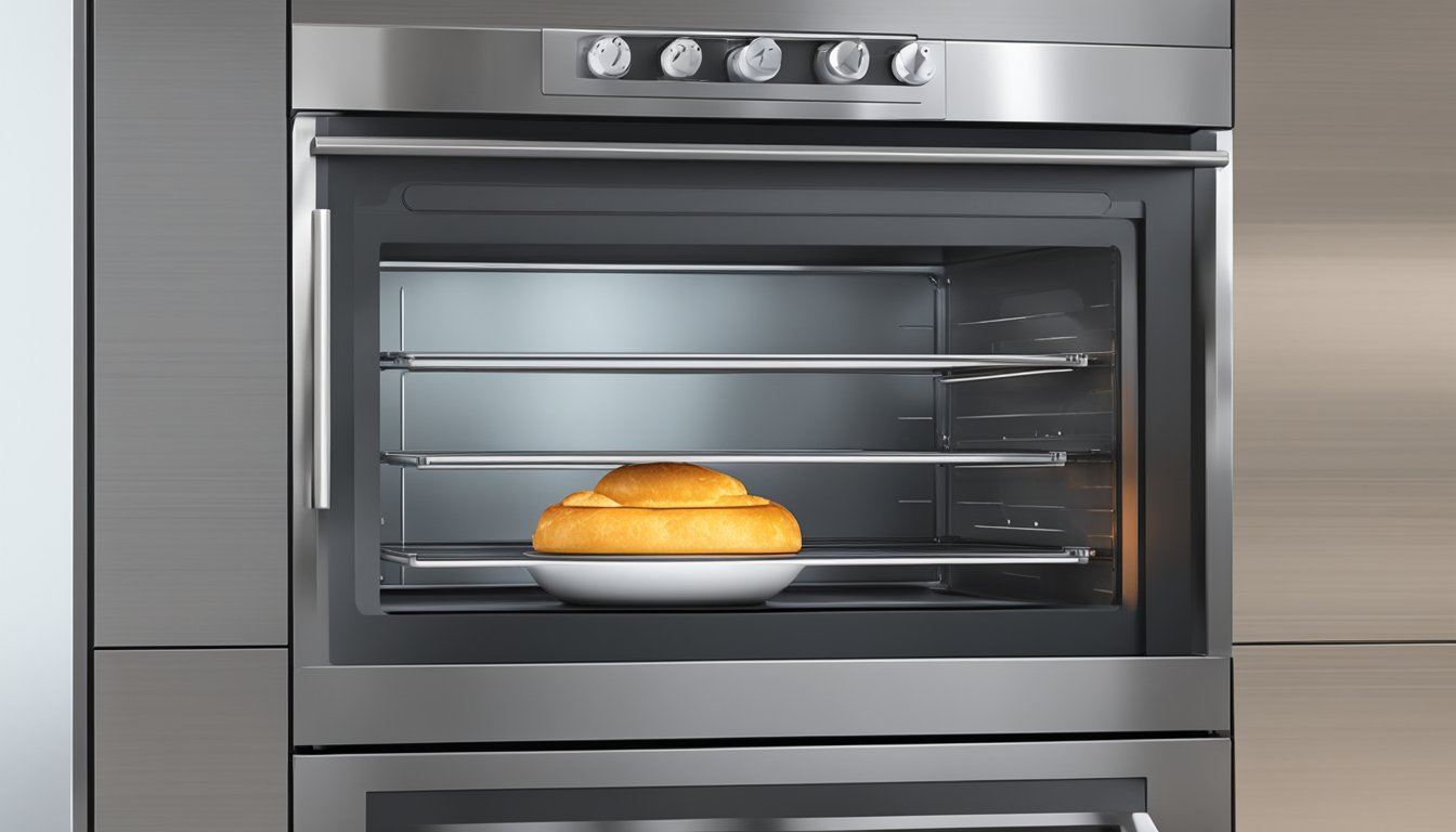 A large oven, stainless steel, with a glass door and digital display. Shelves inside, and a vent on top