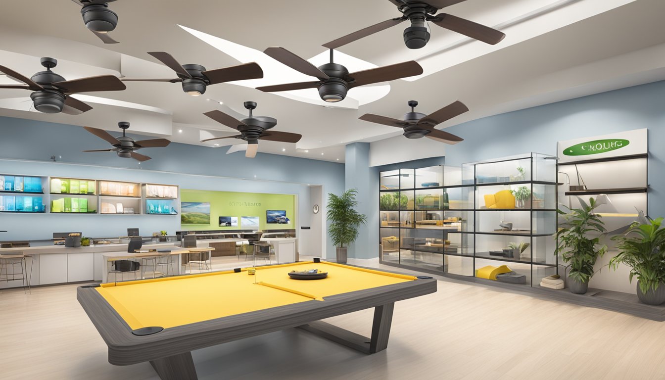 A variety of ceiling fan brands and innovative designs displayed in a bright, spacious showroom