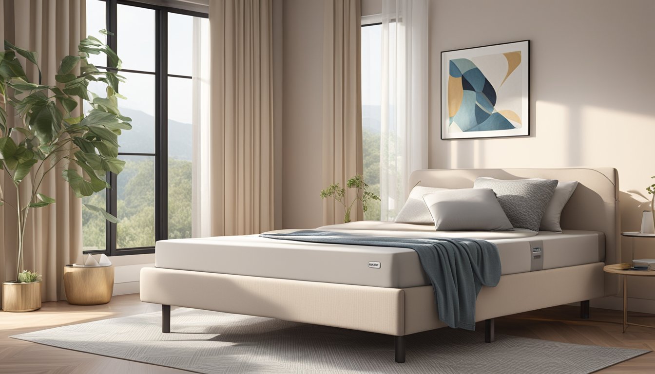 A Maxcoil foldable mattress lies on a sleek, modern bed frame, surrounded by soft, neutral-toned bedding. The room is bathed in warm, natural light, casting a soft glow on the inviting sleep surface