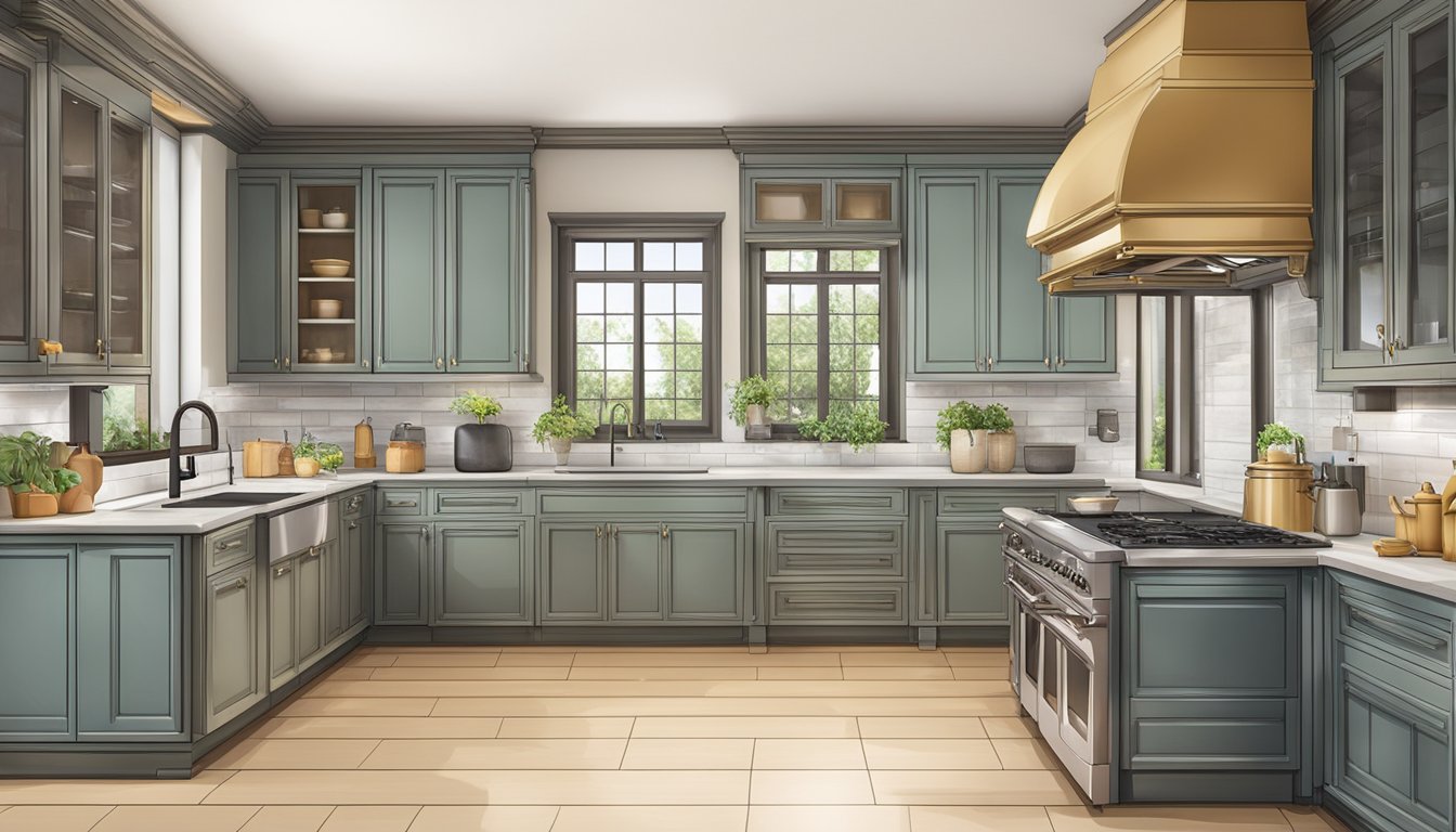A kitchen with various oven sizes and types displayed on countertops and shelves