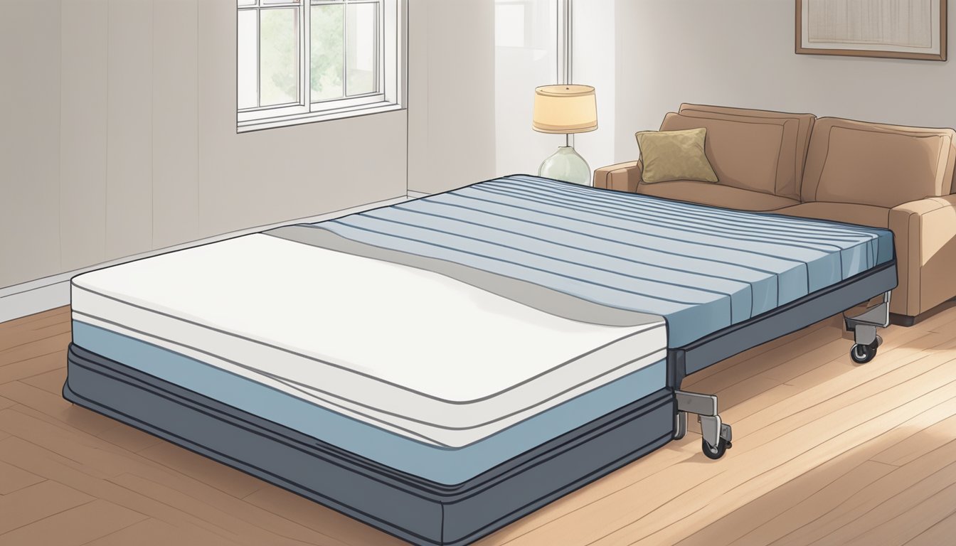 A hand pulls back a cloth to reveal the Maxcoil Foldable Mattress in a well-lit room