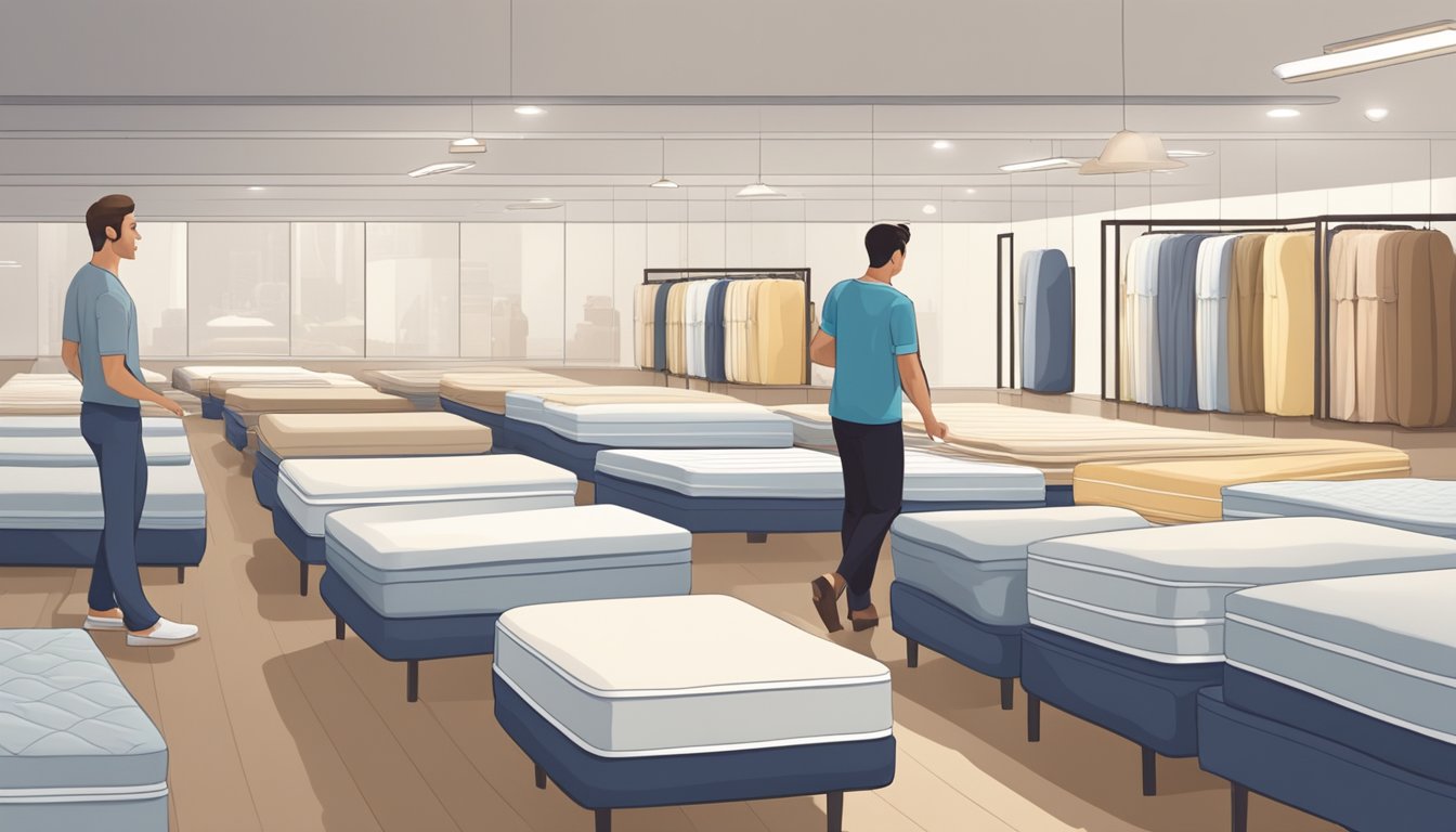 A person choosing a king single mattress from a variety of options in a showroom