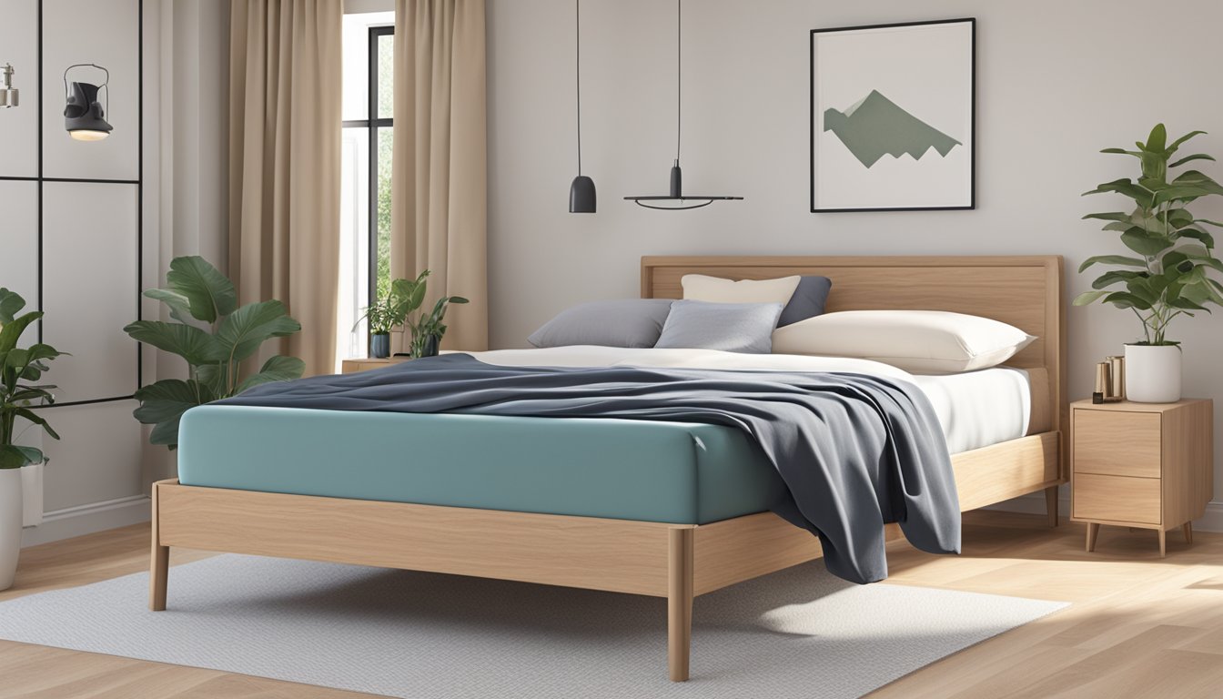 A cozy bedroom with a neatly made bed featuring a Maxcoil foldable mattress. The mattress is compactly folded and placed on the bed, with a soft and inviting appearance