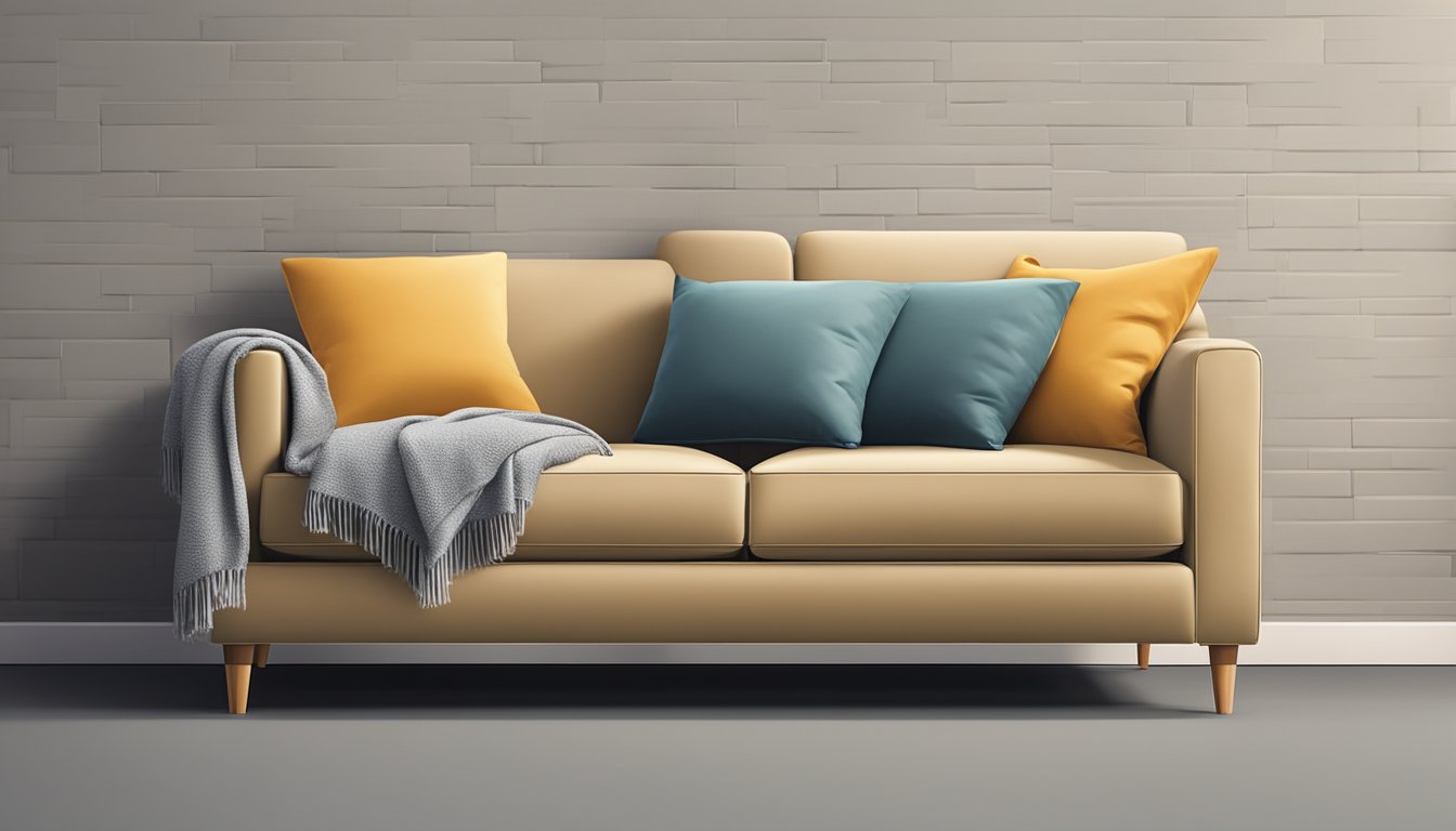 A small two-seater sofa sits against a plain wall, with a throw blanket draped over one armrest and a couple of cushions scattered on the seat