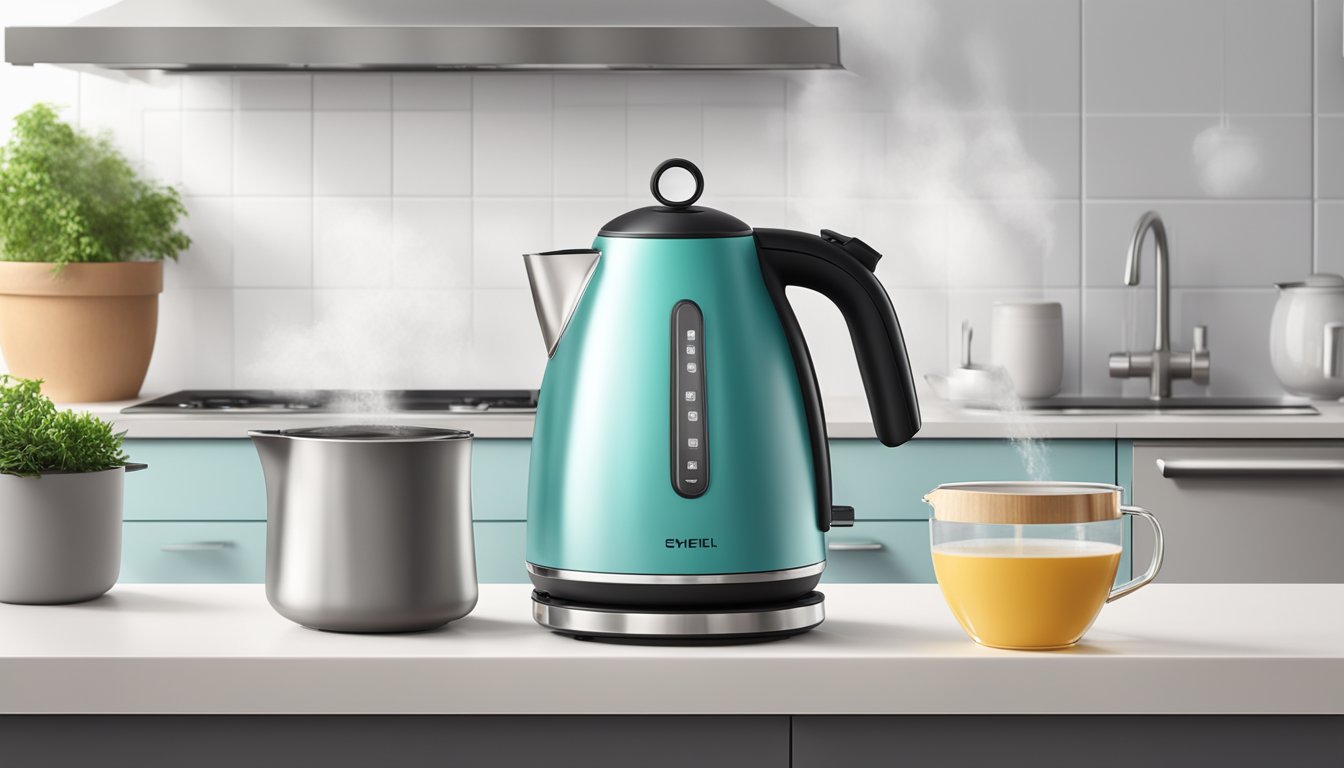 A sleek, stainless steel electric kettle sits on a modern kitchen countertop, steam rising from its spout as it boils water