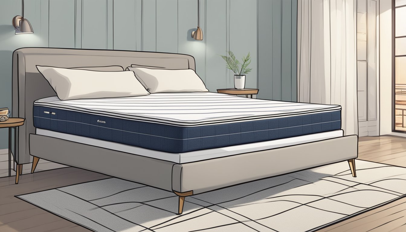 A king single mattress sitting in a room, with measurements displayed nearby and a person looking at it with a curious expression