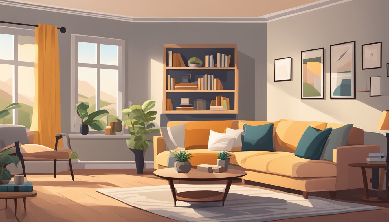 A cozy living room with an L-shaped sofa nestled in the corner, adorned with soft throw pillows and a warm blanket. A side table with a lamp and a stack of books completes the inviting scene