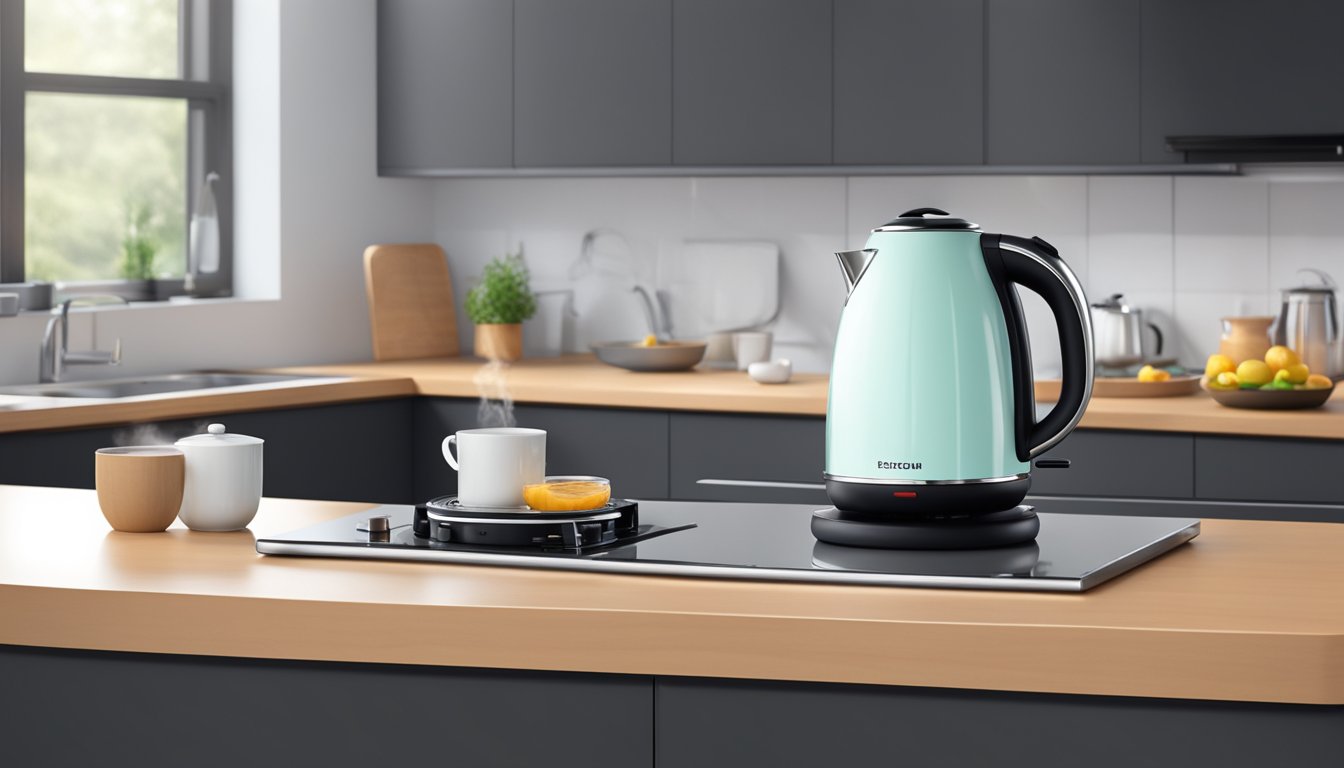 An electric kettle sits on a modern kitchen countertop, steam rising from its spout as it heats water. The sleek design and glowing indicator lights showcase its advanced technology