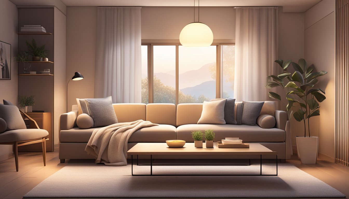 A cozy living room with a small two-seater sofa in a neutral color, adorned with plush throw pillows and a soft blanket draped over the backrest. A warm, inviting atmosphere with soft lighting and a decorative rug underneath
