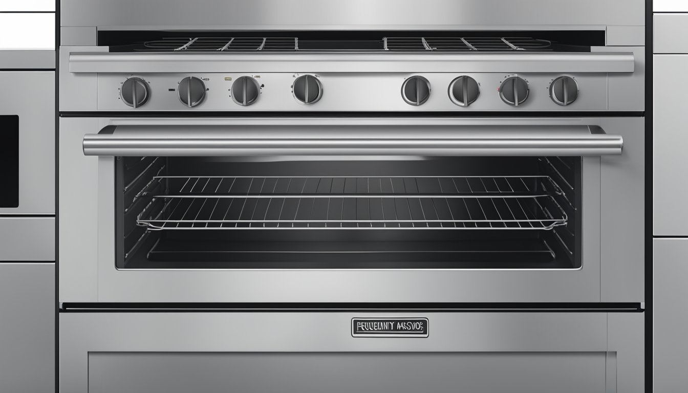 A large oven with a "Frequently Asked Questions" label on the front, indicating the size