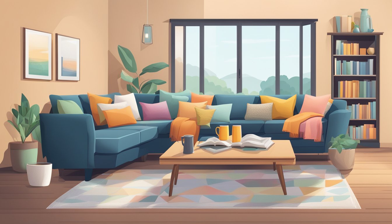 A cozy living room with an L-shaped sofa, adorned with colorful throw pillows and a soft, knitted blanket. A side table holds a stack of books and a warm cup of tea