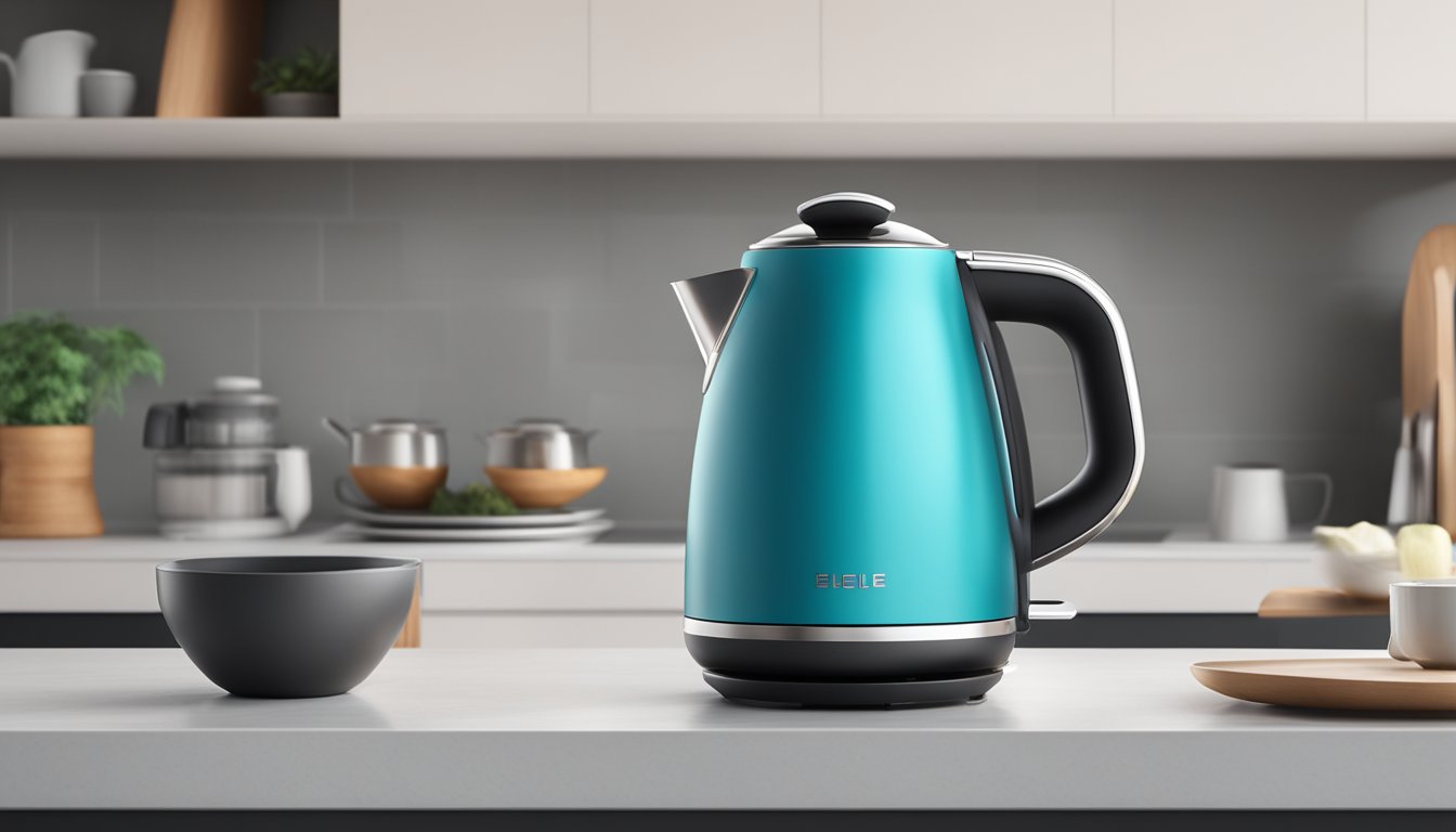 A sleek electric kettle sits on a modern kitchen countertop, steam rising from its spout as it boils water. A digital display shows the temperature setting, while a soft LED light illuminates the water level