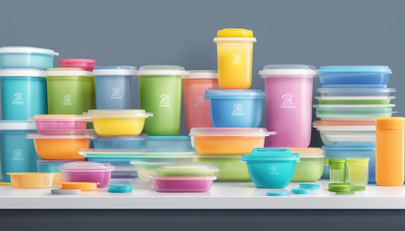 A table with various Tupperware products neatly arranged, surrounded by office supplies and a branded company logo in the background