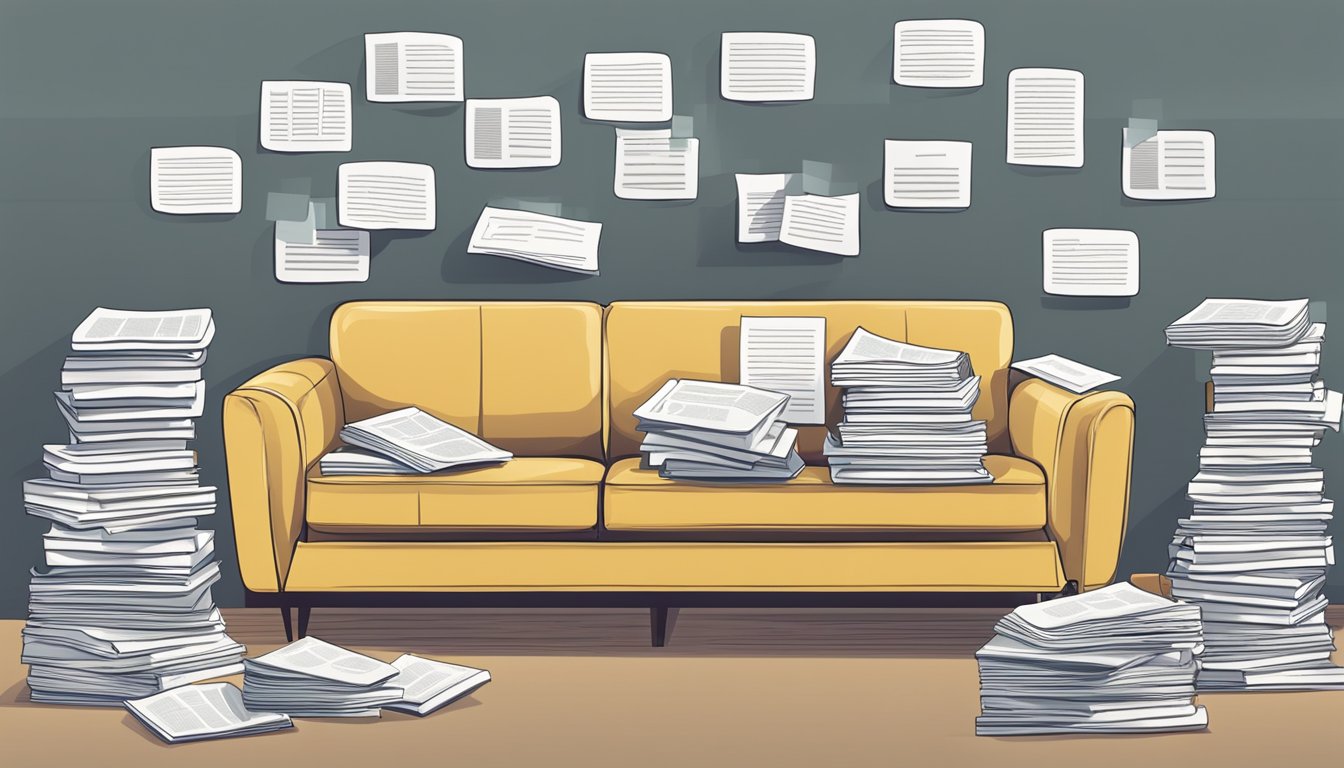 A comfortable sofa surrounded by a stack of frequently asked questions pamphlets